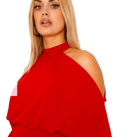 NWT Boohoo Red Formal Cold Shoulder Dress Size 28 - Picture 2 of 15